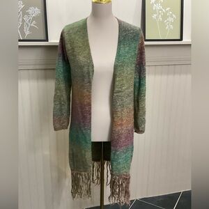 🌿 Boho Fringe Duster Cardigan Sweater | Open Front Earth Tone Knit | Small